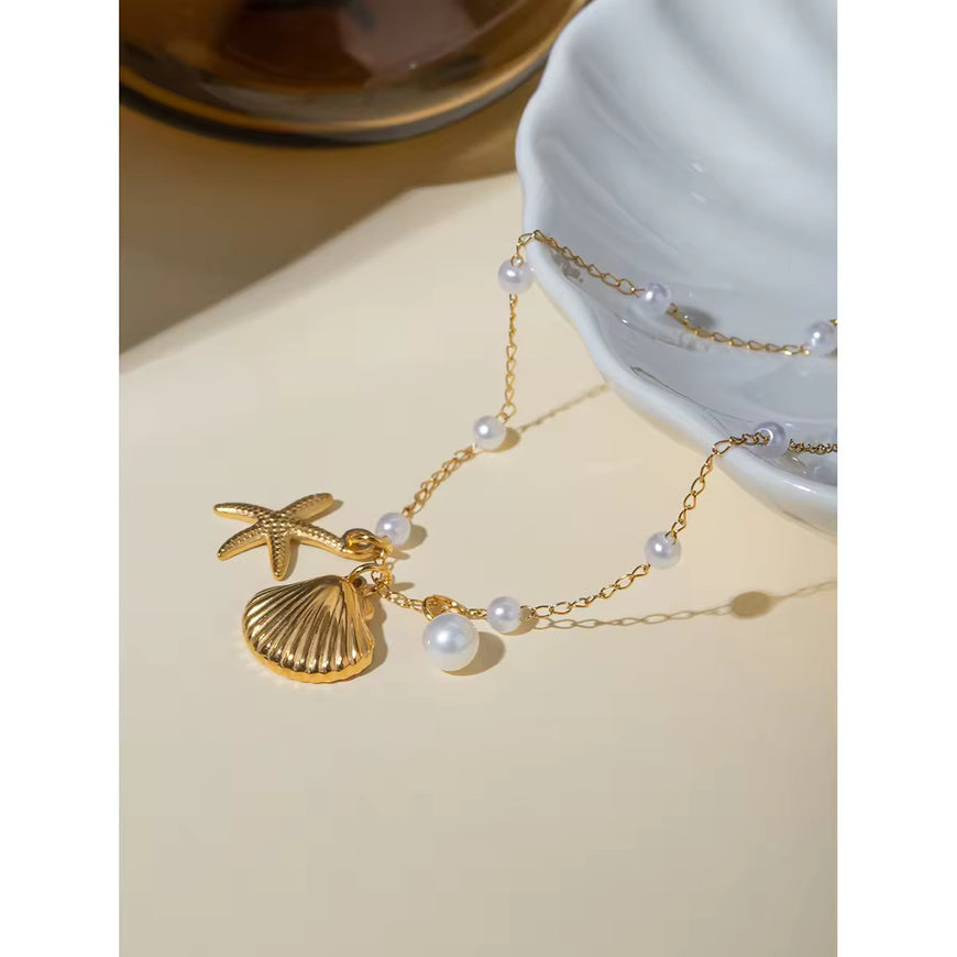 J&D 18K Gold Plated Stainless Steel Pearl Chain Anklet with Shell Starfish Imitation Shijia Pearl Pendant, 20+5cm