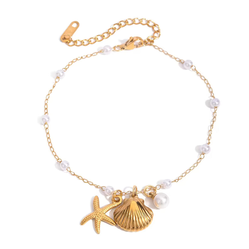 J&D 18K Gold Plated Stainless Steel Pearl Chain Anklet with Shell Starfish Imitation Shijia Pearl Pendant, 20+5cm