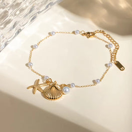 J&D 18K Gold Plated Stainless Steel Pearl Chain Anklet with Shell Starfish Imitation Shijia Pearl Pendant, 20+5cm