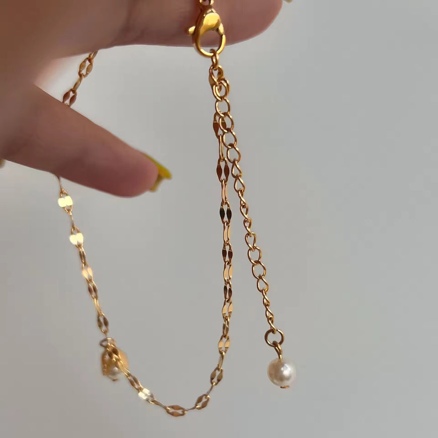 New Ins 18k Gold Plated Tarnish Free Stainless Steel Pearl Sample Chain Anklet Handmade Jewelry for Women