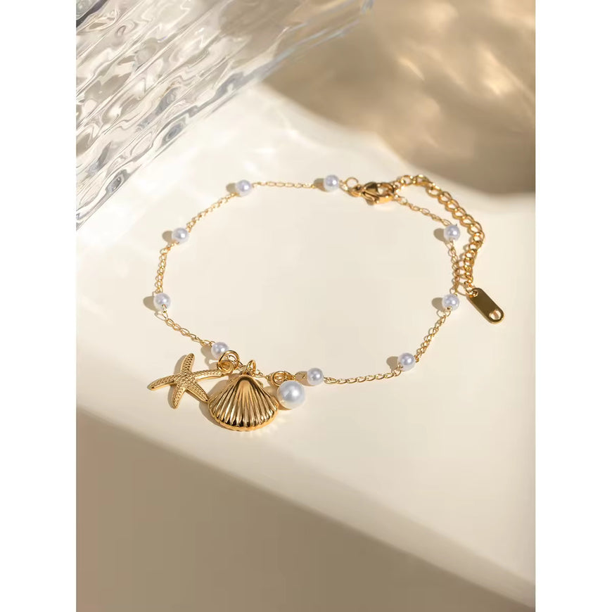 J&D 18K Gold Plated Stainless Steel Pearl Chain Anklet with Shell Starfish Imitation Shijia Pearl Pendant, 20+5cm