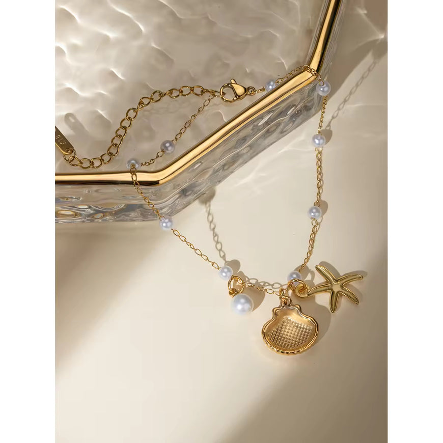 J&D 18K Gold Plated Stainless Steel Pearl Chain Anklet with Shell Starfish Imitation Shijia Pearl Pendant, 20+5cm