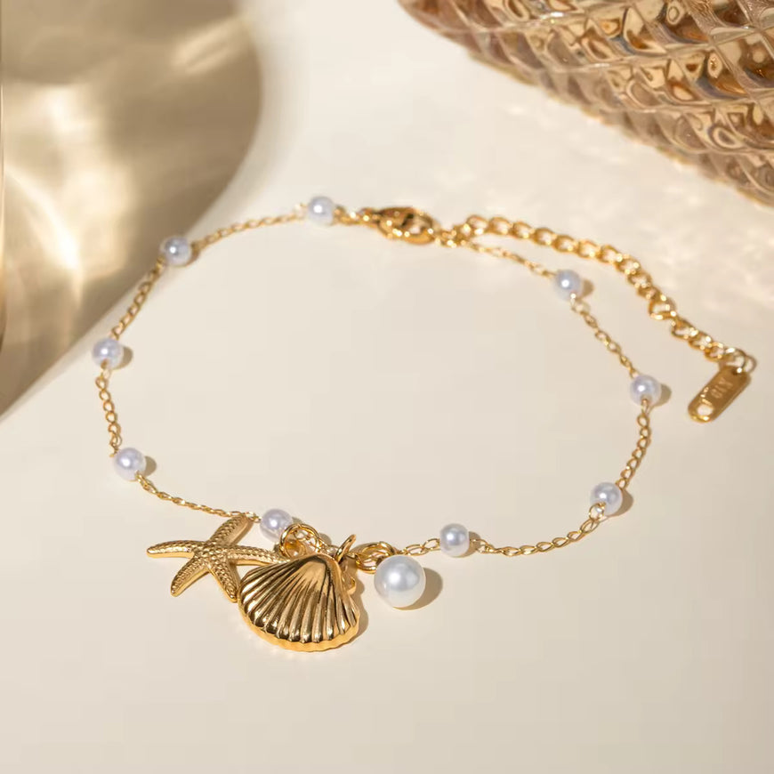 J&D 18K Gold Plated Stainless Steel Pearl Chain Anklet with Shell Starfish Imitation Shijia Pearl Pendant, 20+5cm