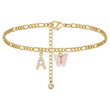 18K Gold Plated Irregular Chain Anklet Stainless Steel Micro Inlaid Crystal Zircon Pink Butterfly Letter Pendant Anklet